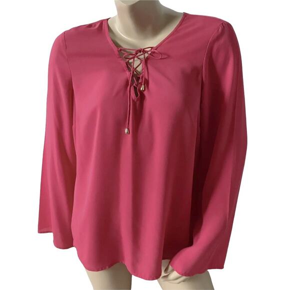 INC Womens Size 12 Pink Long Sleeve Lace Up Front 100% Polyester Blouse Shirt - Picture 1 of 5